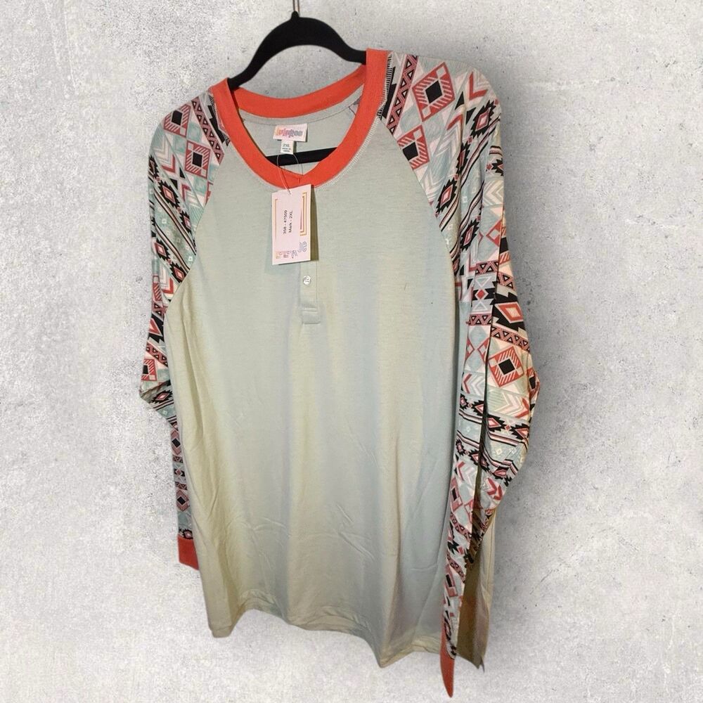 LuLaRoe Mark Henley Shirt Long Sleeve Size 2XL Green And Multicolor Sleeve NWT